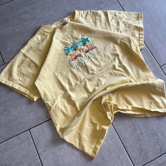 Delta Magnum Weight Mediterranean Palm Tree Embroidered Yellow T-Shirt Mens M - Picture 2 of 6